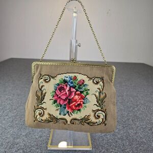 Women's Handbag Beige Needlepoint Tapestry Kiss Lock Chain Strap Shoulder Bag